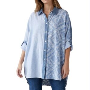 American Eagle Patchwork Oversized Button Down Shirt Blue Linen Blend - Small